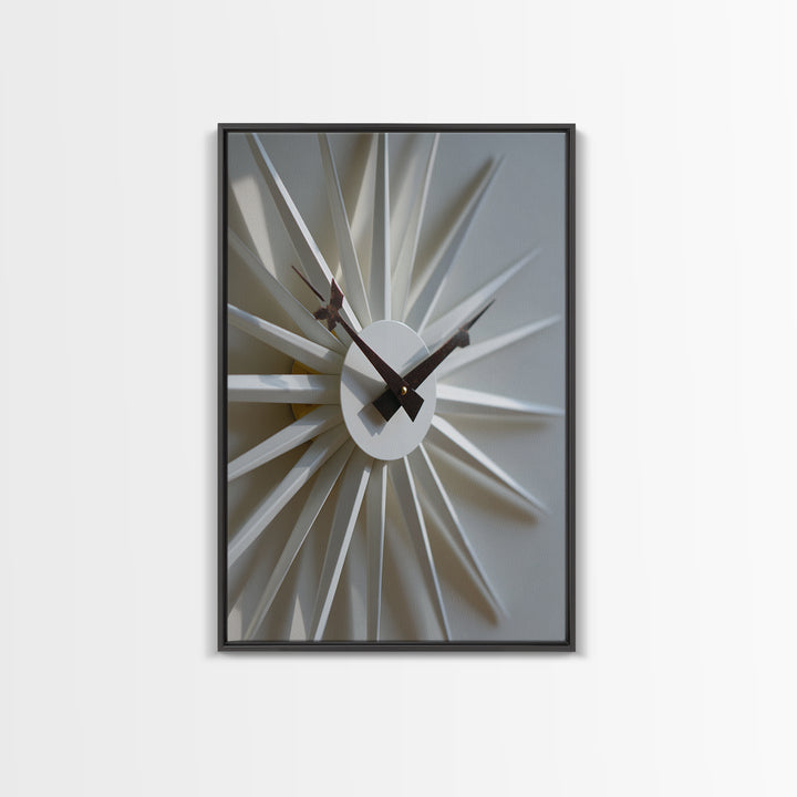 Minimal White Sunburst Clock Framed Canvas Print, Mid Century Modern Decor, Geometric Wall Art, Scandinavian Modern, MCM Artwork