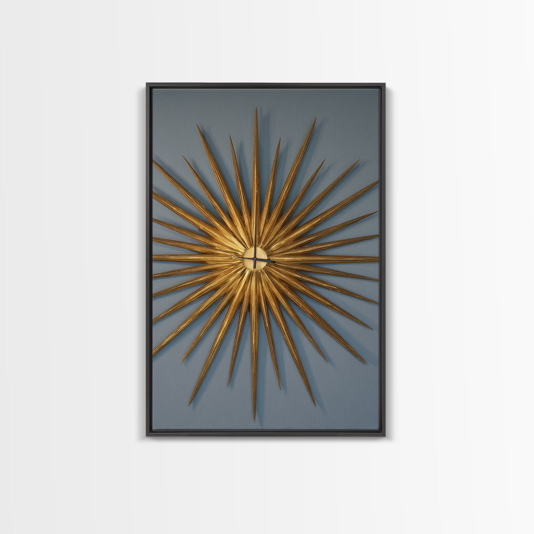 Gold Atomic Sunburst Clock On Blue Wall Art, Mid Century Modern Decor, MCM Wall Art, Retro Wall Decor, Modern Home Art Print