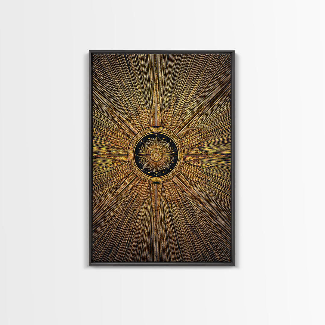 Ornate Gold Sunburst Clock Canvas Print, Midcentury Modern Art, Geometric Art Deco, Atomic Retro Wall Art, Statement Wall Decor