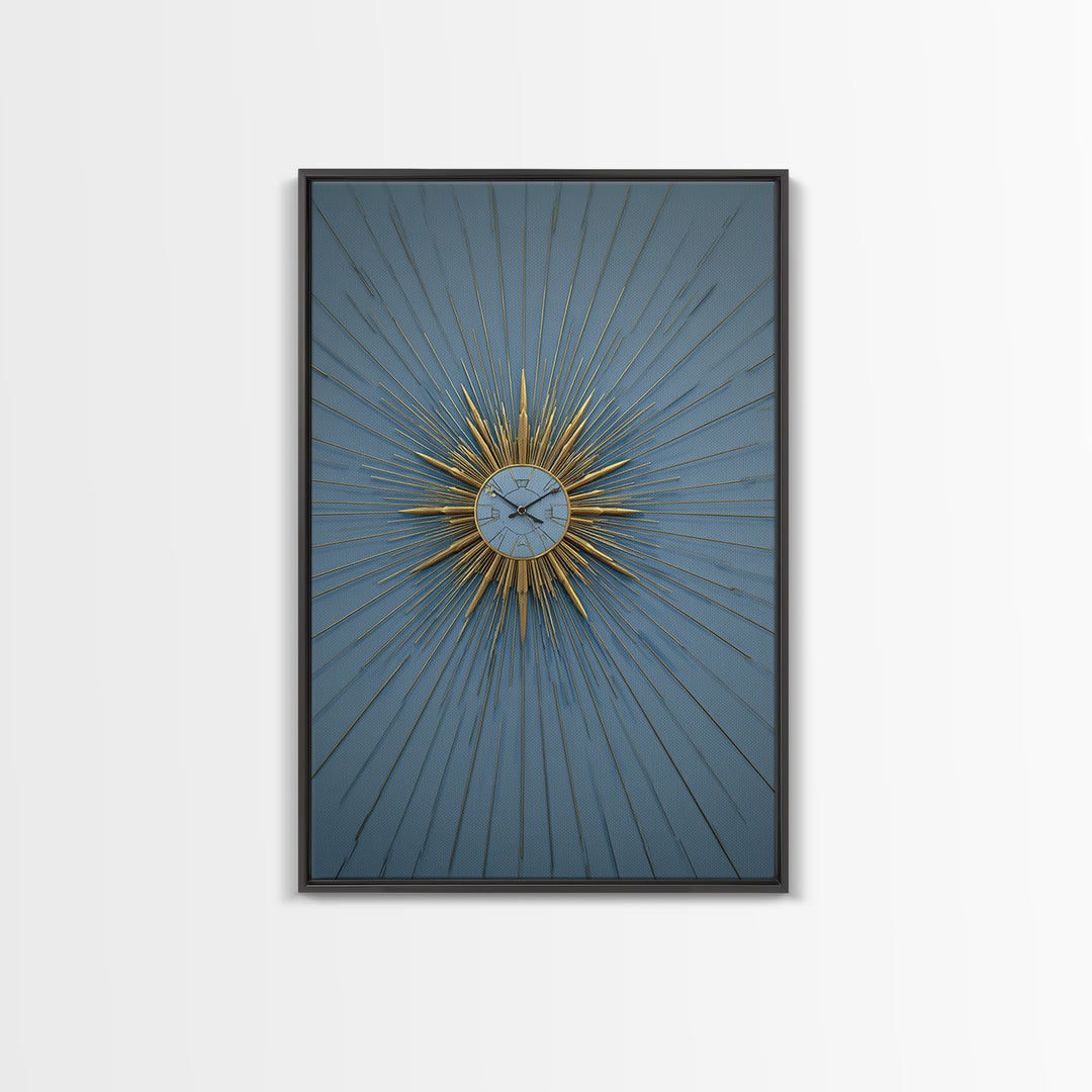 Blue And Gold Starburst Clock Framed Canvas Print, Mid Century Modern Decor, Atomic Wall Art, MCM Artwork, Large Canvas Print