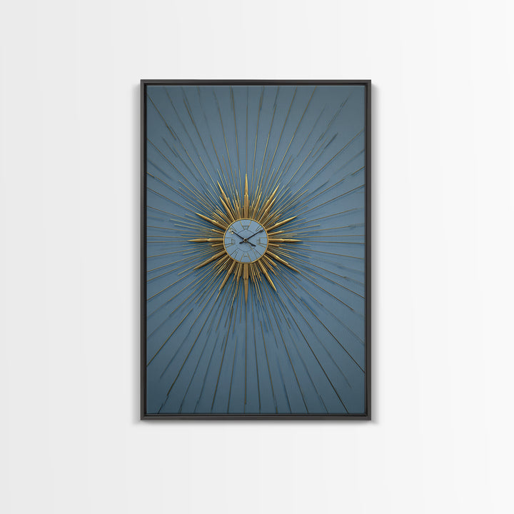 Blue And Gold Starburst Clock Framed Canvas Print, Mid Century Modern Decor, Atomic Wall Art, MCM Artwork, Large Canvas Print