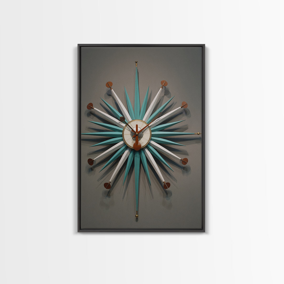 Teal White Atomic Starburst Clock Wall Art, Mid Century Modern Decor, Retro Wall Decor, Geometric Art Print, MCM Home Decor