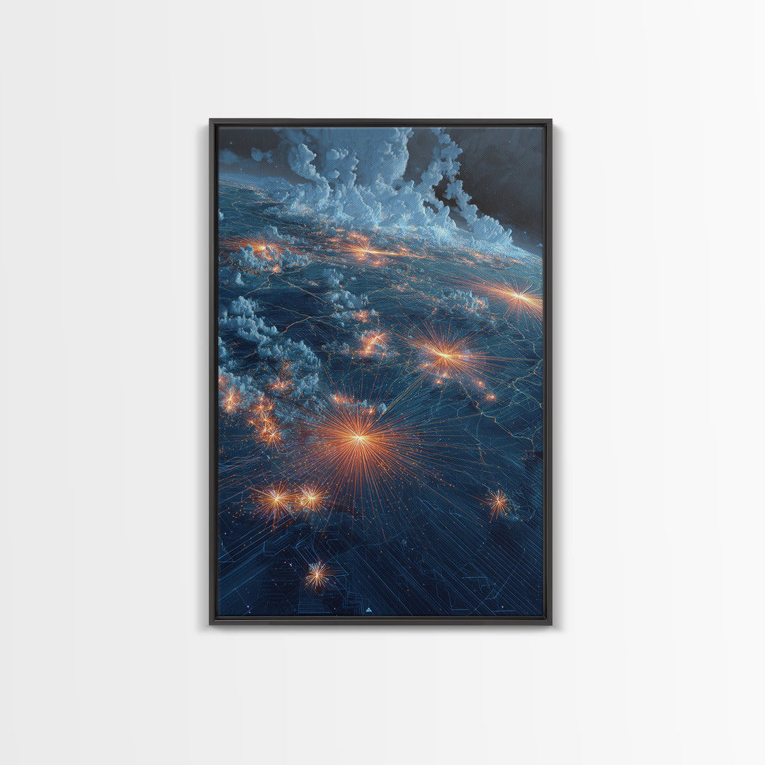 Stormy Earth Lights From Orbit Wall Art, Modern Abstract Space Print, Sci Fi City Map Poster, Blue Office Living Room Decor Gift