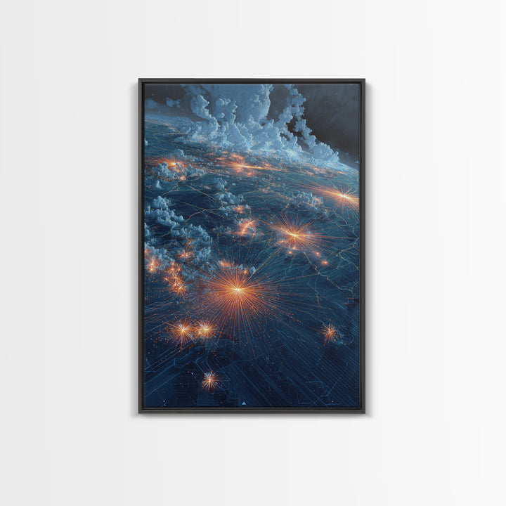 Stormy Earth Lights From Orbit Wall Art, Modern Abstract Space Print, Sci Fi City Map Poster, Blue Office Living Room Decor Gift