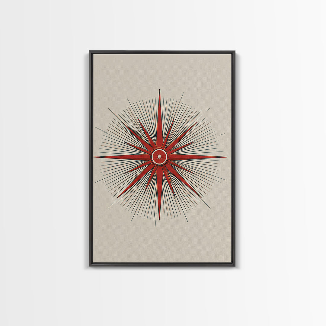 Red Compass Starburst Abstract Canvas Print, Mid Century Modern Art, Atomic Retro Poster, Geometric Wall Art, Minimalist Decor