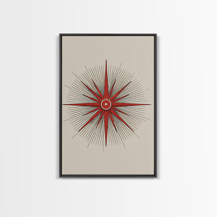 Red Compass Starburst Abstract Canvas Print, Mid Century Modern Art, Atomic Retro Poster, Geometric Wall Art, Minimalist Decor