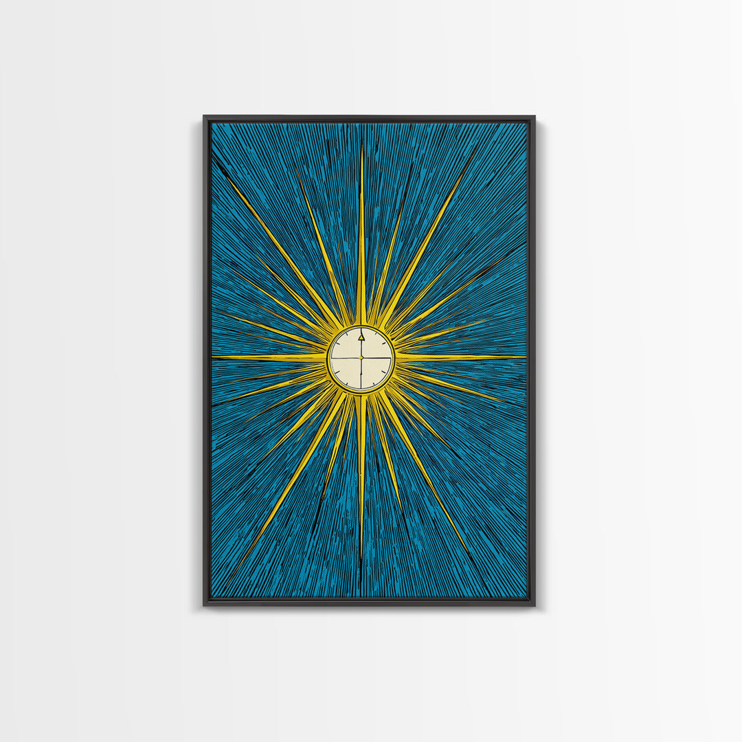 Radiant Atomic Clock Sunburst Wall Art, Midcentury Modern Art Print, Retro Sci Fi Poster, Blue Yellow MCM Decor For Office