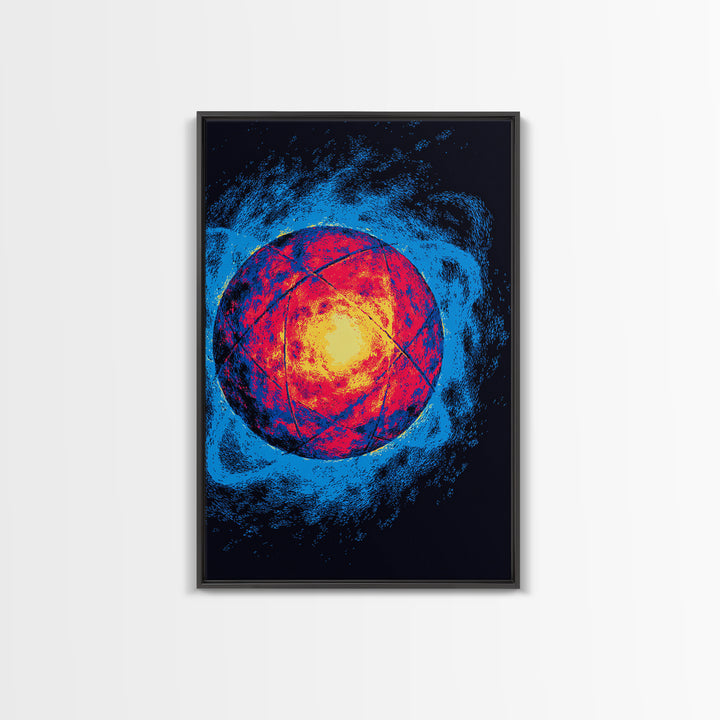 Glowing Quantum Sphere Wall Art, Modern Abstract Art Print, Atomic Retro Poster, Blue Orange Sci Fi Decor For Home Office