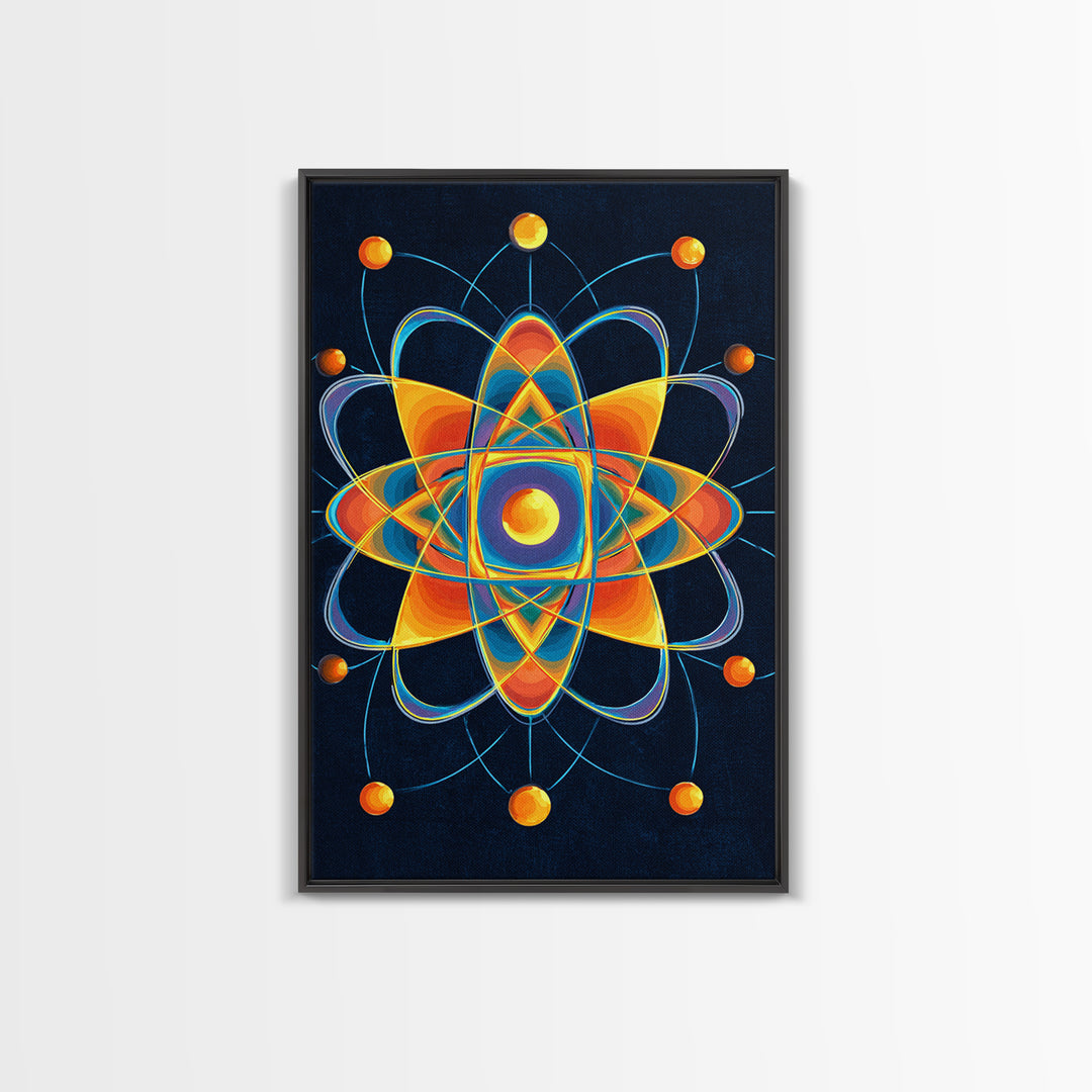 Colorful Atomic Mandala Framed Canvas Print, Midcentury Modern Wall Art, Geometric Sci Fi Poster, Retro Office Decor Gift