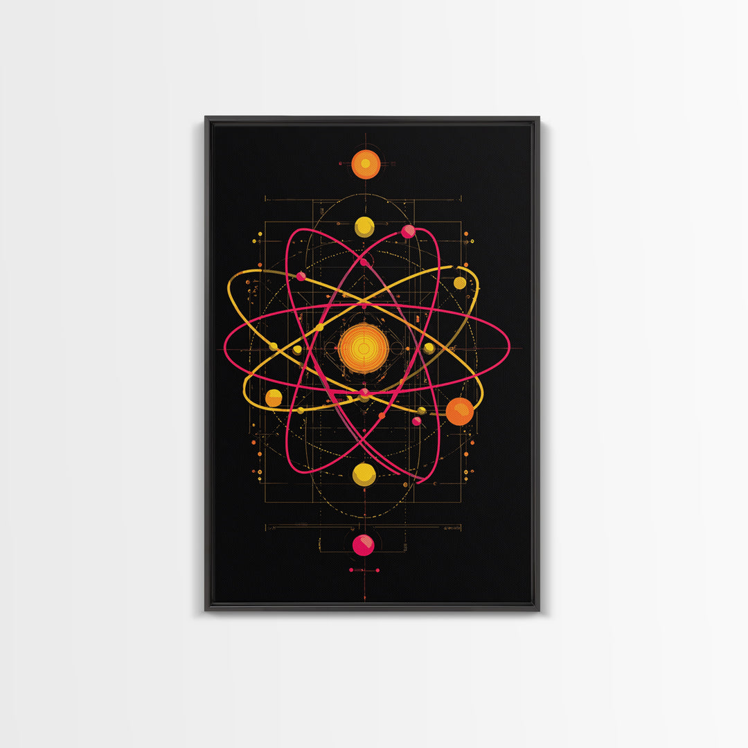 Technical Atom Diagram Canvas Print, Midcentury Modern Art, Retro Science Wall Decor, Black Pink Atomic Poster For Office