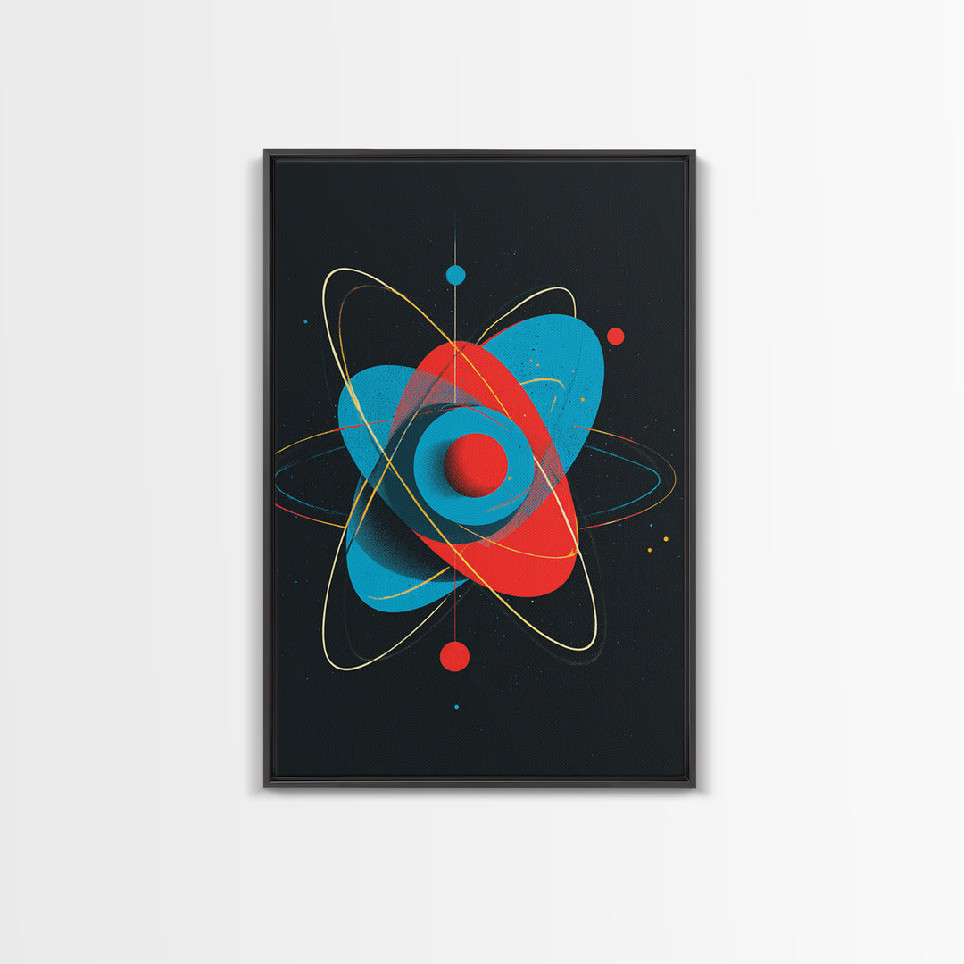 Modern Red Blue Atom Canvas Print, Midcentury Modern Art, Atomic Retro Wall Decor, Space Abstract Poster For Living Room