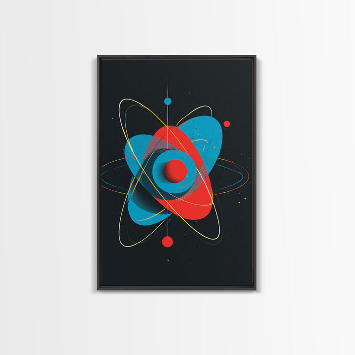 Modern Red Blue Atom Canvas Print, Midcentury Modern Art, Atomic Retro Wall Decor, Space Abstract Poster For Living Room