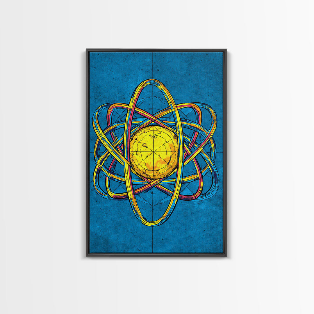 Electric Blue Atom Framed Canvas Print, Midcentury Modern Wall Art, Retro Science Poster, Yellow Orb Decor For Home Office