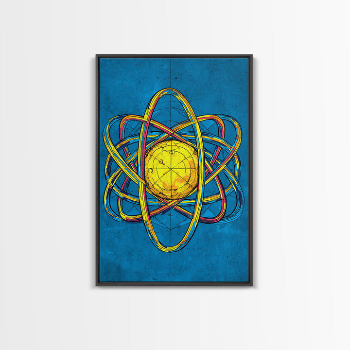 Electric Blue Atom Framed Canvas Print, Midcentury Modern Wall Art, Retro Science Poster, Yellow Orb Decor For Home Office