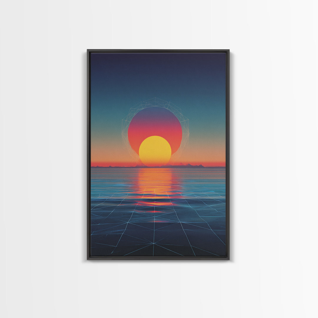 Neon Sunset Over Ocean Grid Wall Art, Synthwave Retro Poster, Vaporwave Modern Wall Decor, 80s Digital Art Print, Futuristic Decor