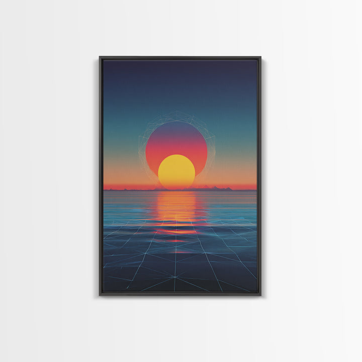 Neon Sunset Over Ocean Grid Wall Art, Synthwave Retro Poster, Vaporwave Modern Wall Decor, 80s Digital Art Print, Futuristic Decor