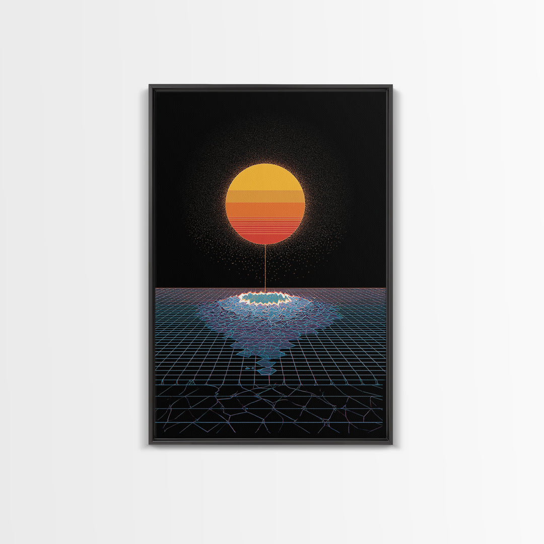 Minimal Retro Sun Over Digital Grid Canvas Print, Black Sci Fi Wall Art, Vaporwave Poster, Modern Geometric Decor Print Gift