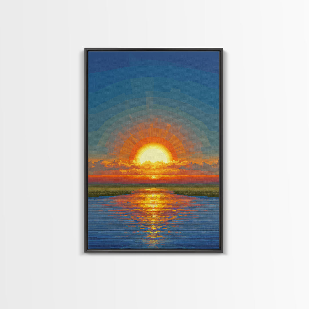 Golden Sunrise Over Calm Water Wall Art, Pixel Style Midcentury Poster, Modern Abstract Landscape, Living Room Decor Print