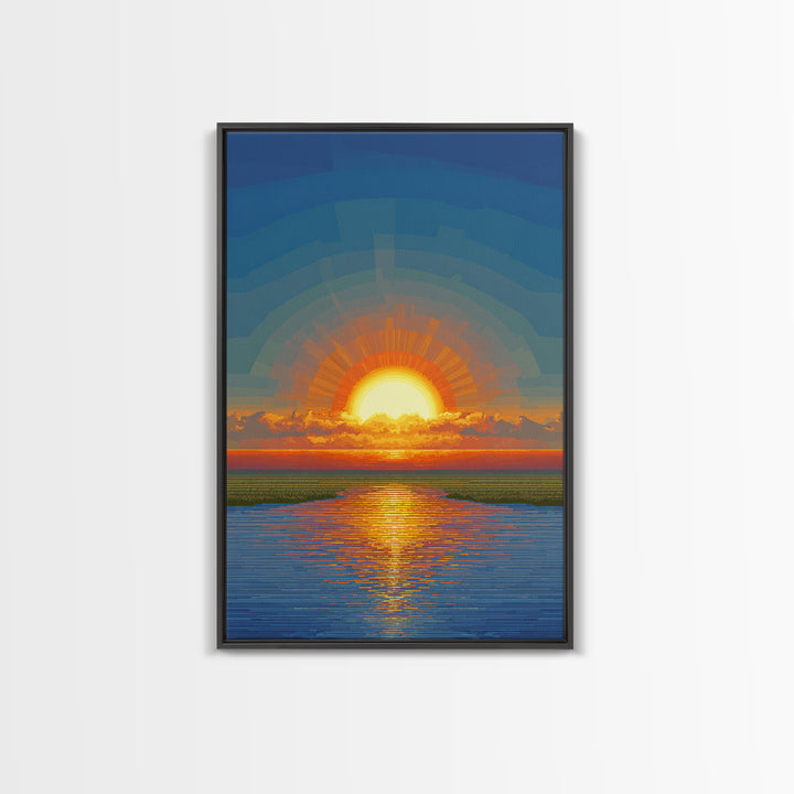 Golden Sunrise Over Calm Water Wall Art, Pixel Style Midcentury Poster, Modern Abstract Landscape, Living Room Decor Print