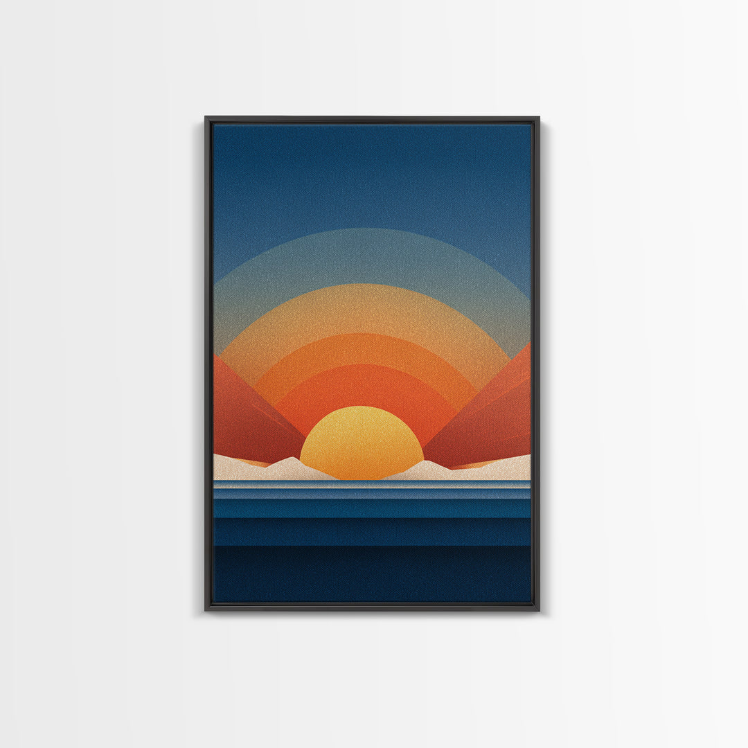Geometric Desert Sunrise With Red Mountains Framed Canvas Print, Midcentury Modern Wall Art, Orange Blue Abstract Decor Poster