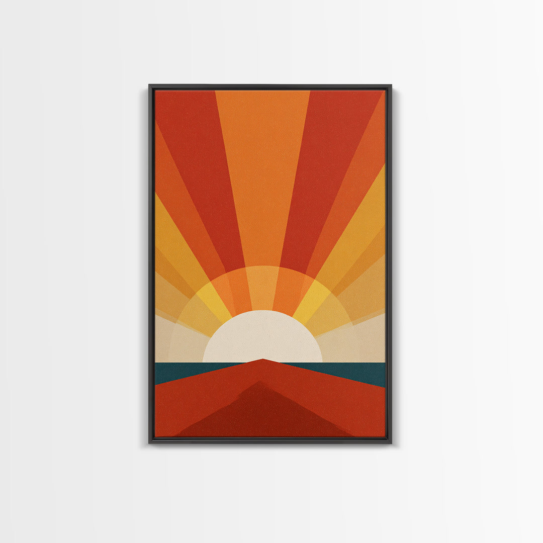 Bold Retro Sunrise Rays Over Ocean Road Canvas Print, 70s Wall Art Poster, Midcentury Modern Decor, Orange Sun Print Gift