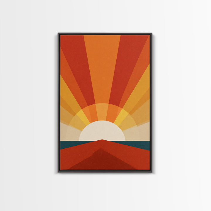 Bold Retro Sunrise Rays Over Ocean Road Canvas Print, 70s Wall Art Poster, Midcentury Modern Decor, Orange Sun Print Gift
