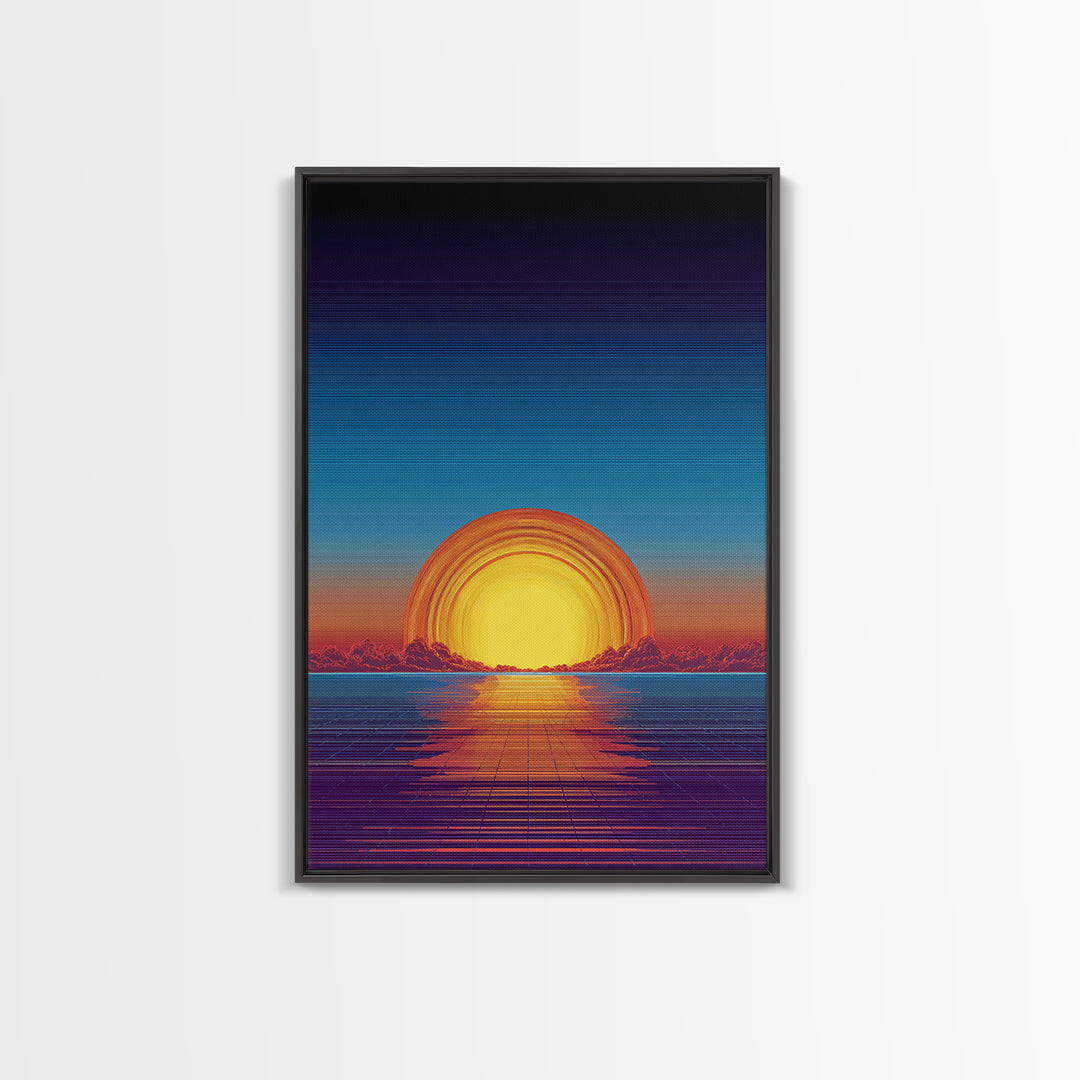 Neon Retro Sunset Over Ocean Grid Wall Art, Synthwave 80s Poster, Vaporwave Decor, Modern Digital Art, Blue Orange Print