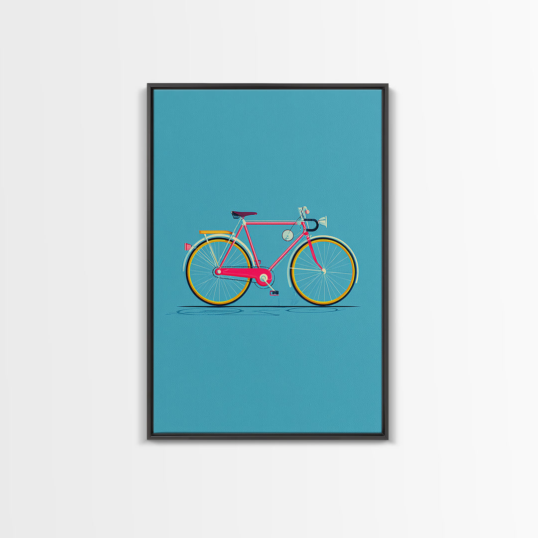 Colorful Pink Bicycle On Teal Canvas Print, Mid Century Modern Art, Retro Cycling Poster, Dopamine Decor, Kids Room Art Gift