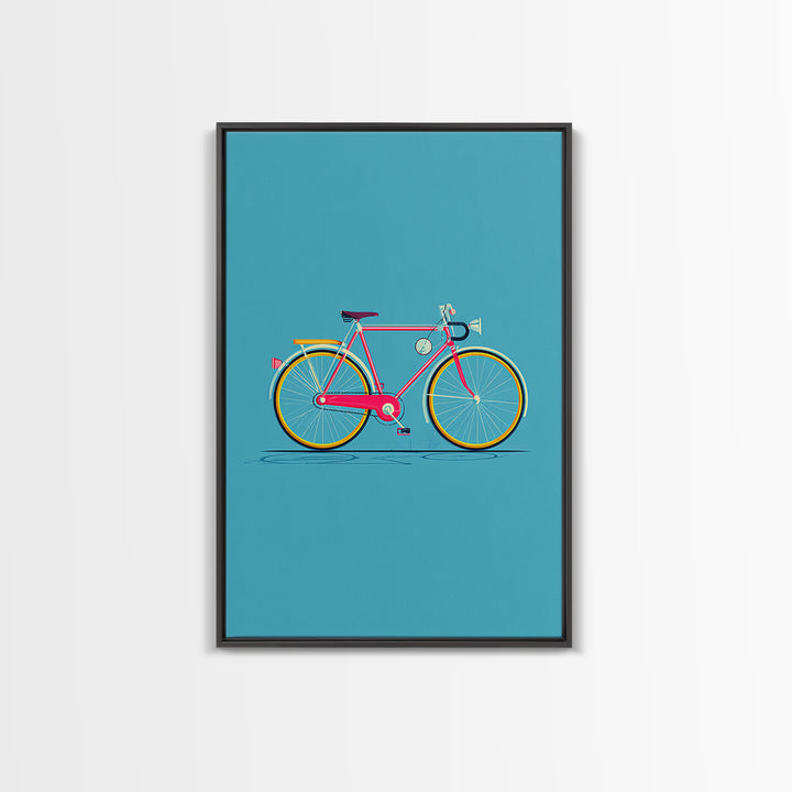 Colorful Pink Bicycle On Teal Canvas Print, Mid Century Modern Art, Retro Cycling Poster, Dopamine Decor, Kids Room Art Gift