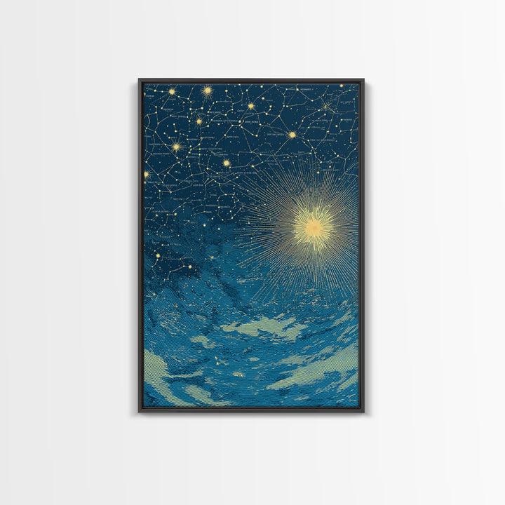 Blue Gold Celestial Starburst Canvas Print, Constellation Night Sky Wall Art, Space Abstract Art, Modern Poster, Spiritual Decor