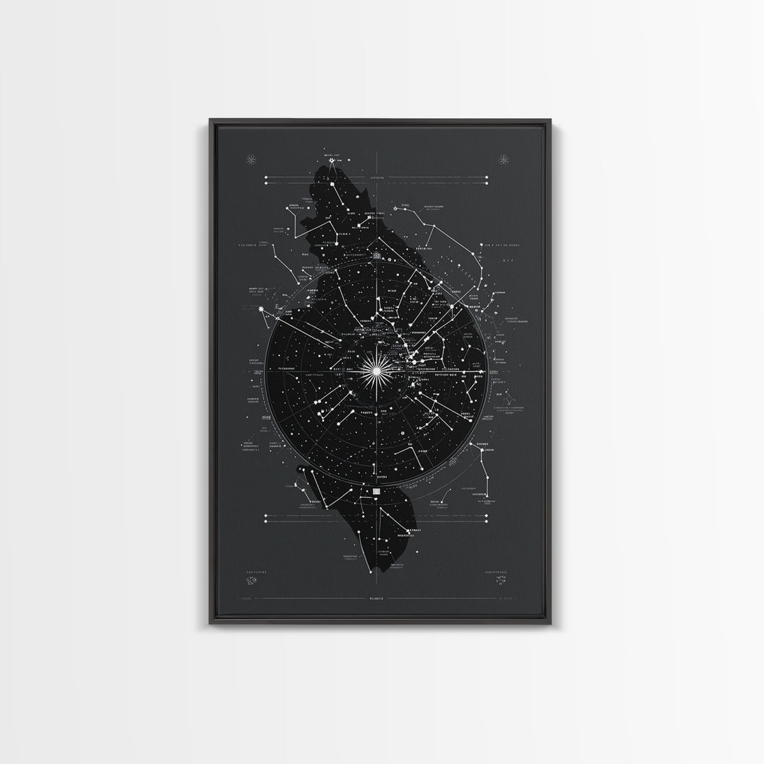 Dark Celestial Star Map Canvas Print, Constellation Wall Art, Cosmic Geometric Poster, Modern Sci Fi Office Home Decor Gift