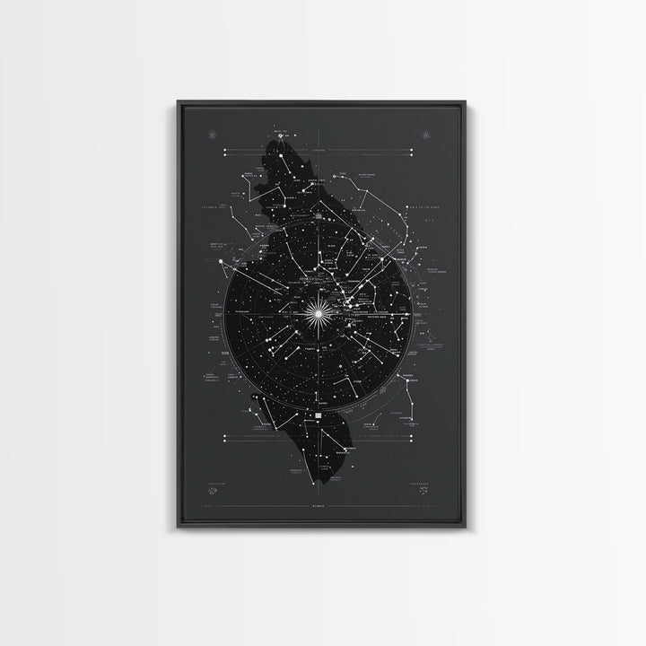 Dark Celestial Star Map Canvas Print, Constellation Wall Art, Cosmic Geometric Poster, Modern Sci Fi Office Home Decor Gift