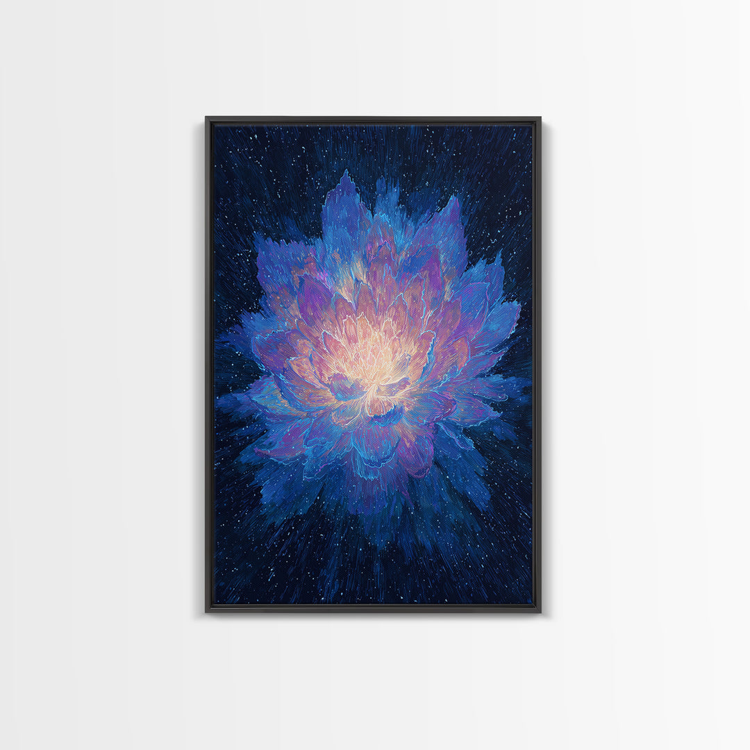 Radiant Blue Lotus Canvas Print, Spiritual Floral Wall Art, Luminous Abstract Flower Poster, Yoga Meditation Room Decor Gift