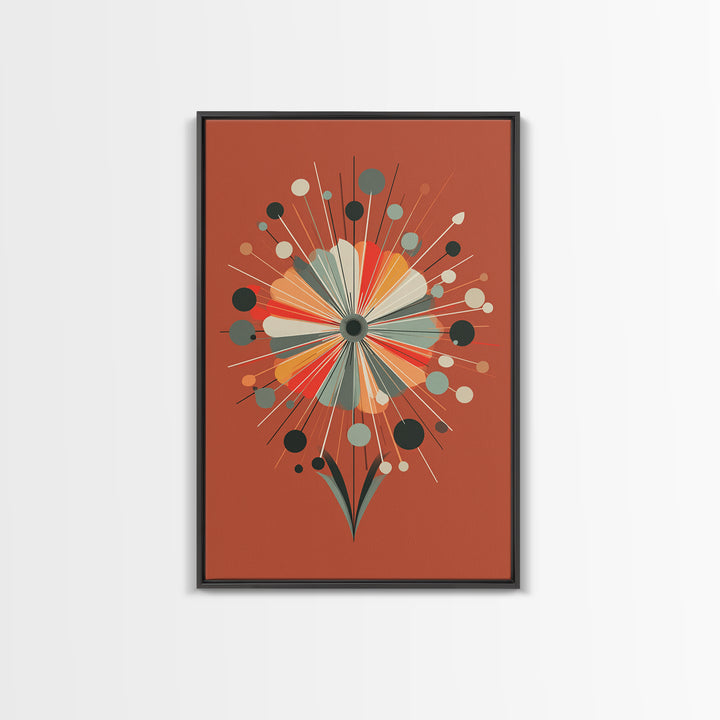 Rust Orange Atomic Flower Wall Art, Midcentury Modern Canvas Print, Geometric Retro Poster, MCM Living Room Decor Gift Idea