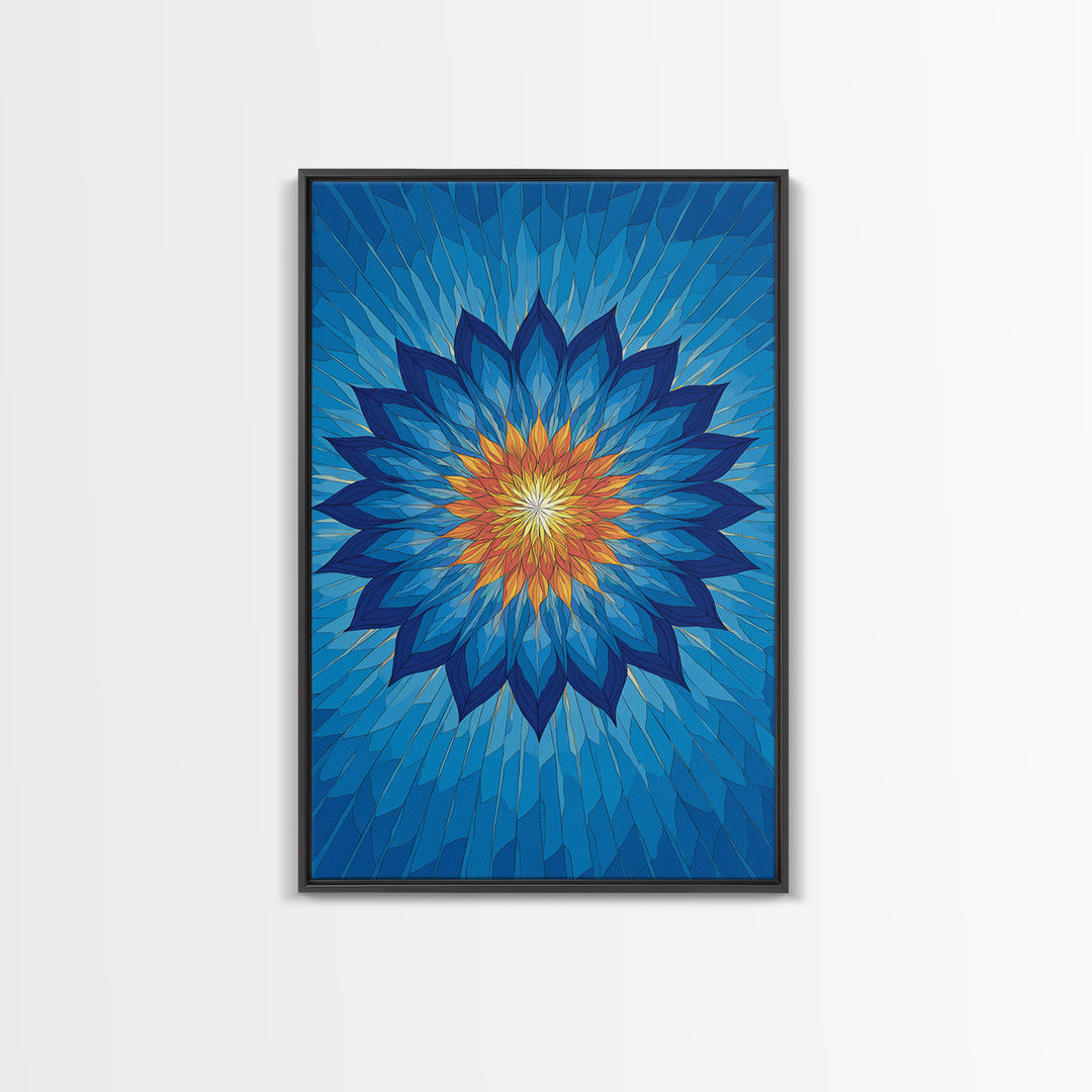 Blue Geometric Lotus Mandala Canvas Print, Abstract Floral Wall Art, Modern Spiritual Poster, Yoga Meditation Decor Gift Idea