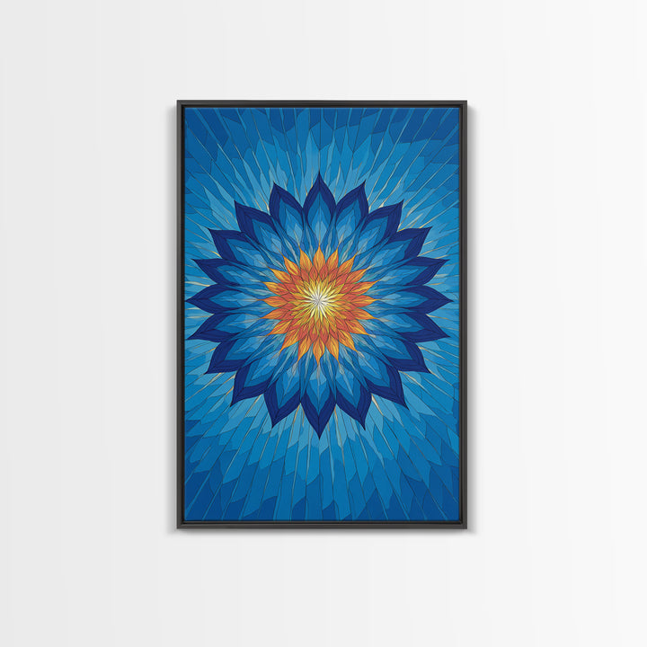 Blue Geometric Lotus Mandala Canvas Print, Abstract Floral Wall Art, Modern Spiritual Poster, Yoga Meditation Decor Gift Idea