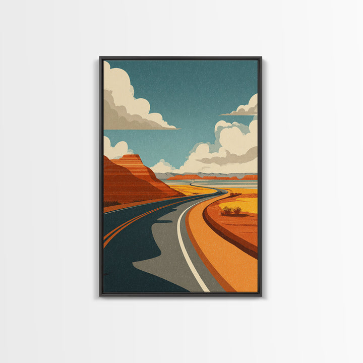 Winding Desert Highway With Red Mesas Wall Art, Mid Century Modern Travel Poster, Retro Southwest Road Trip Decor Print Gift