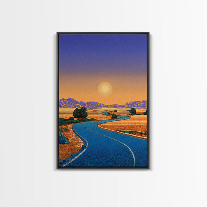 Golden Sunset Road Through Valley Wall Art, Mid Century Modern Landscape Print, Retro California Desert Home Decor Poster