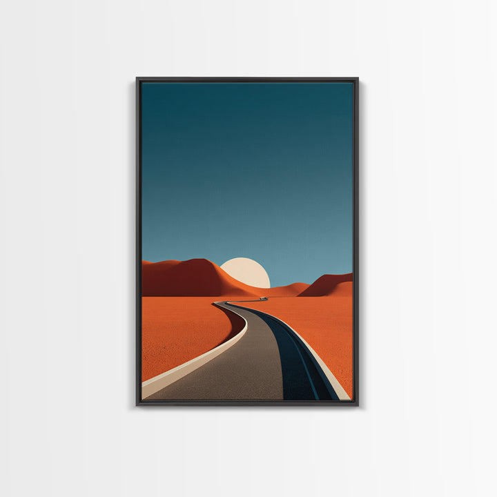 Minimal Desert Road With Low Sun Framed Canvas Print, Modern Abstract Wall Art, Midcentury Southwest Landscape Decor Poster