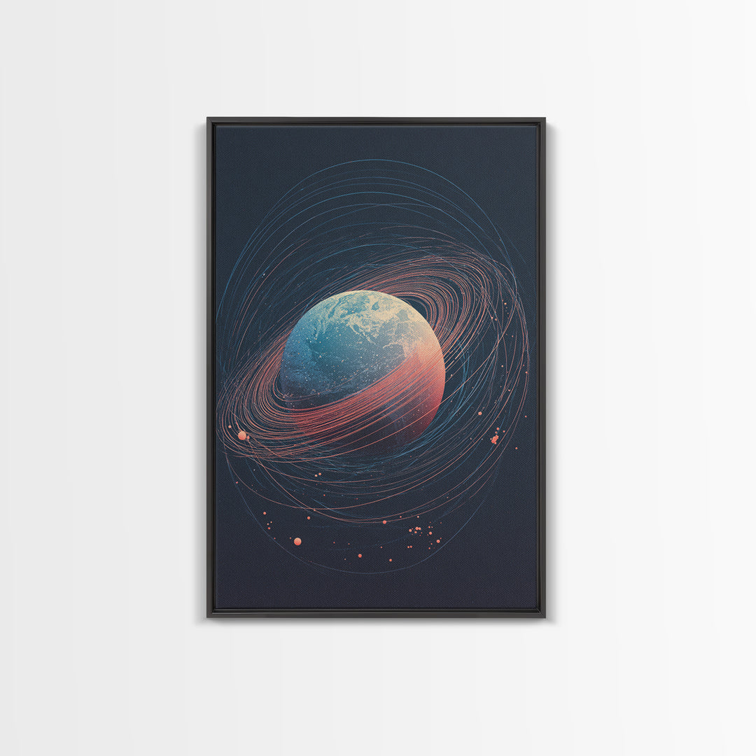 Textured Ringed Planet In Deep Space Wall Art, Modern Abstract Art Print, Retro Sci Fi Cosmic Home Decor Canvas Poster Gift