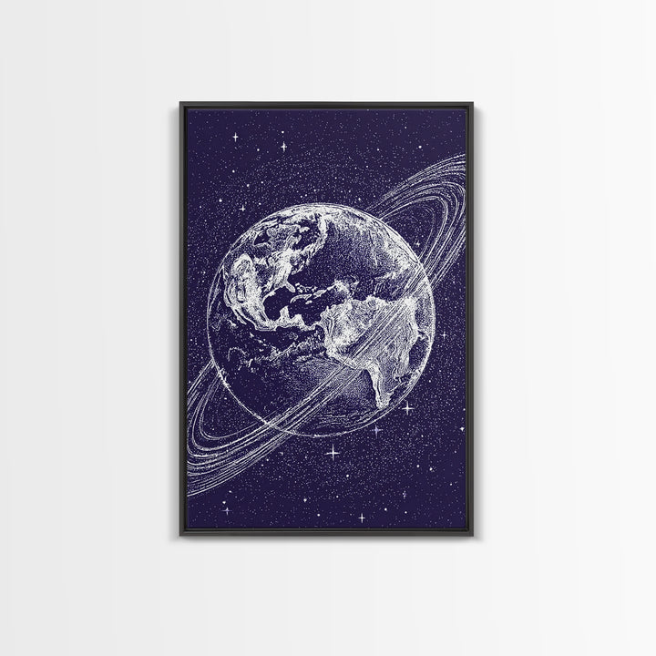 Purple Starry Earth With Saturn Rings Canvas Print, Cosmic Retro Wall Art, Modern Space Poster For Bedroom Decor Gift Print