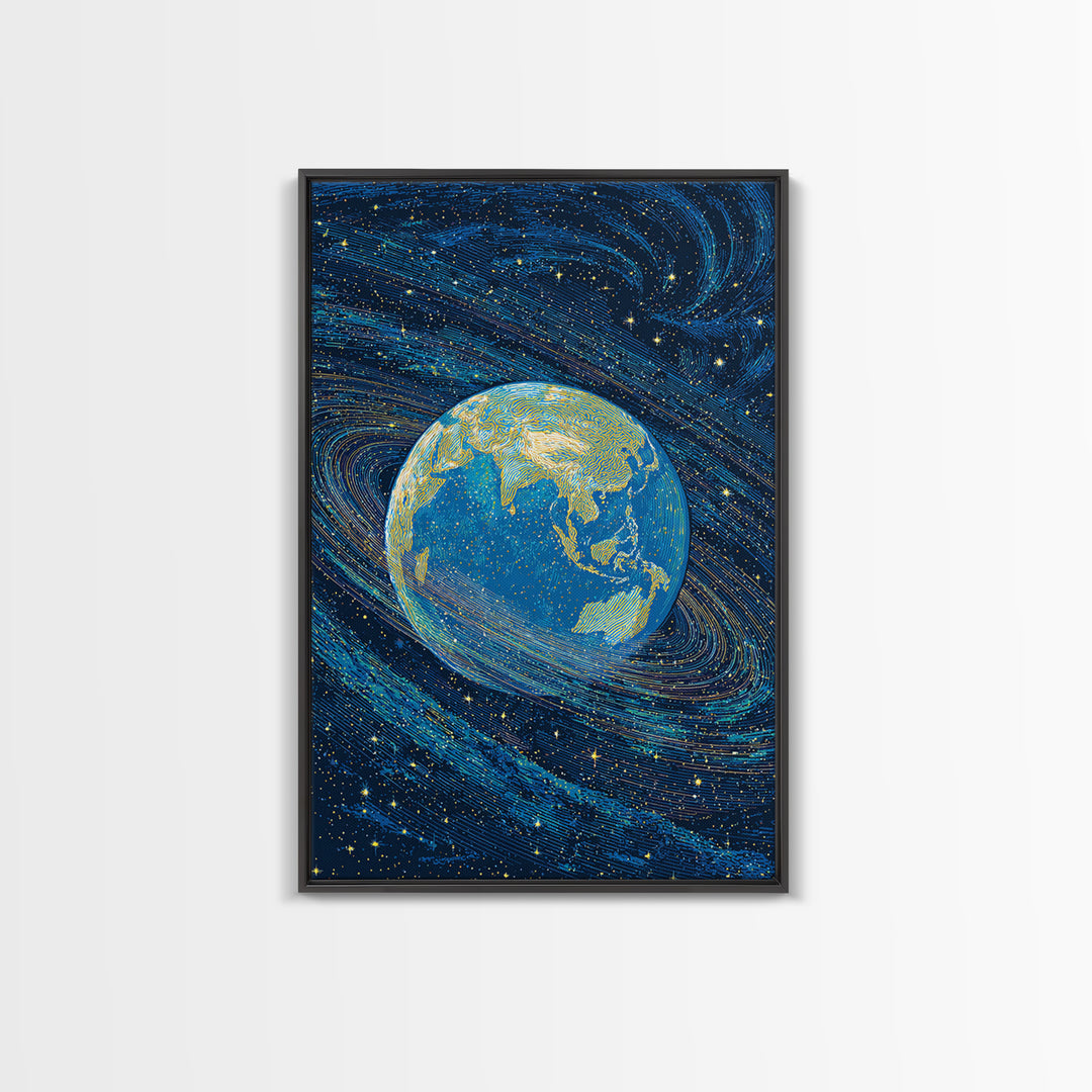 Blue Earth Wrapped In Starry Cosmic Swirls Wall Art, Modern Abstract Art Print, Retro Sci Fi Space Home Decor Poster Gift