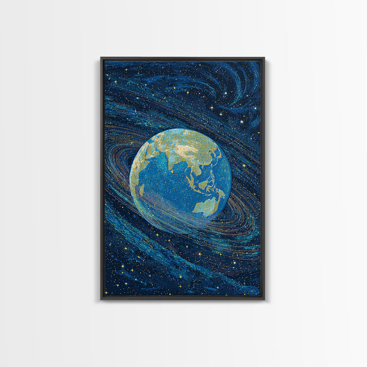 Blue Earth Wrapped In Starry Cosmic Swirls Wall Art, Modern Abstract Art Print, Retro Sci Fi Space Home Decor Poster Gift