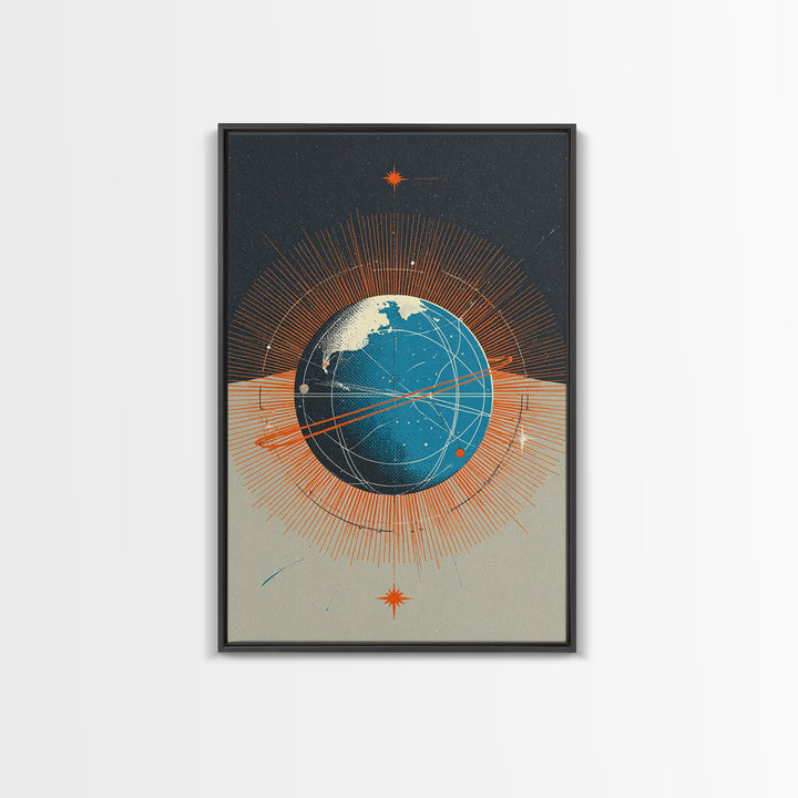 Orange Orbit Planet With Radiating Lines Framed Canvas Print, Modern Abstract Wall Art, Retro Sci Fi Space Decor Poster Gift