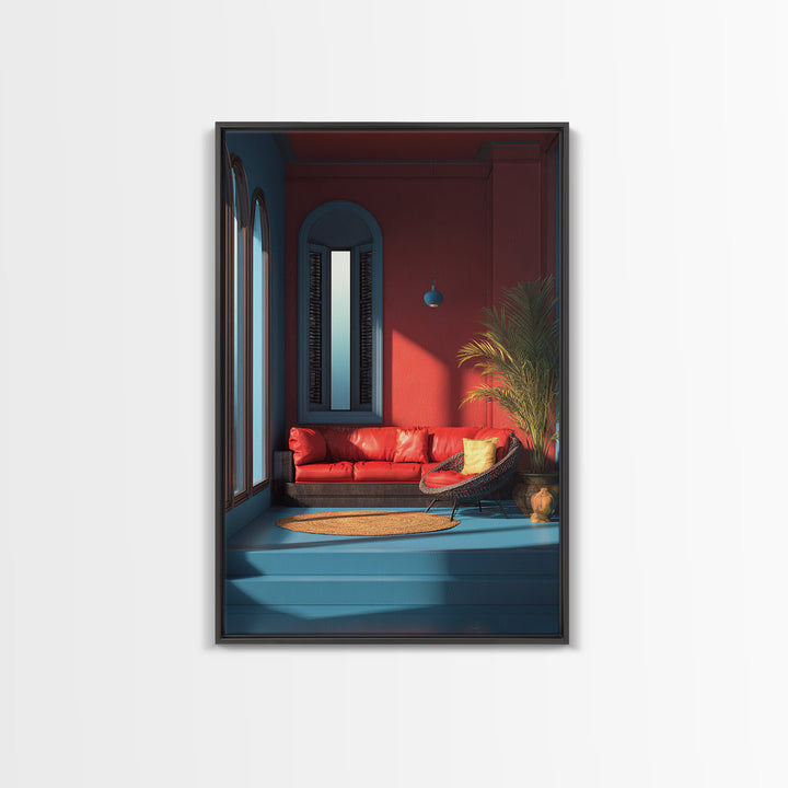 Red Sofa Blue Arch Interior Wall Art, Midcentury Modern Decor, Palm Springs Style, Bold Living Room Canvas Print Statement Home Decor