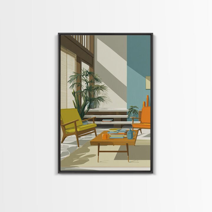 Yellow And Orange Lounge Chairs Canvas Print, Midcentury Modern Wall Art, Retro Living Room Decor, MCM Home Office Art Print
