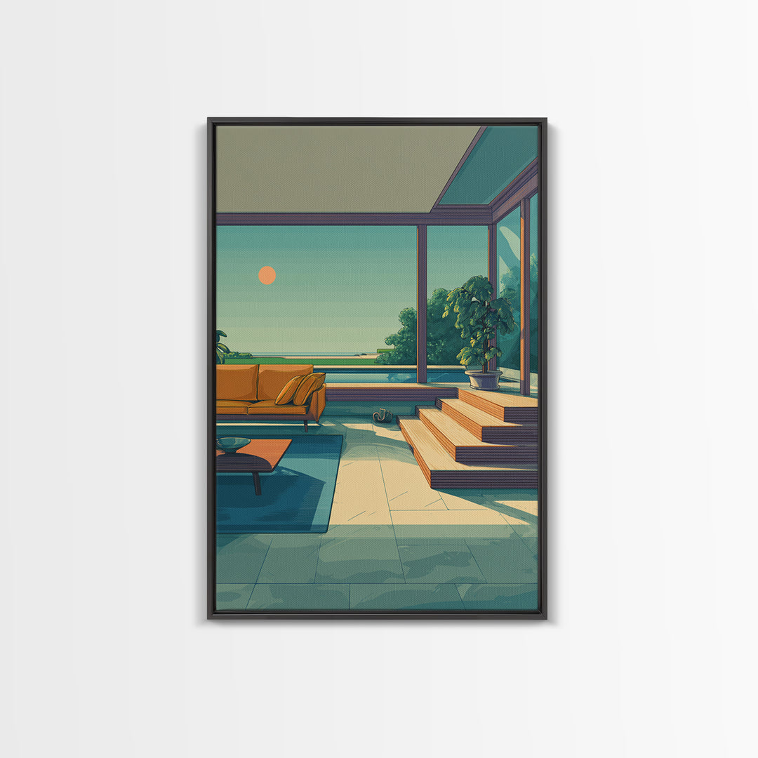 Orange Sofa Ocean View Living Room Canvas Print, Midcentury Modern Wall Art, Coastal Sunset Decor, Retro Home Office Poster