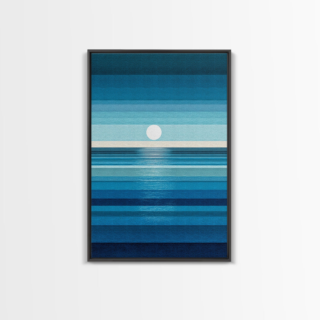 Minimal Blue Ocean Moon Stripes Wall Art, Modern Abstract Art Print, Coastal Bedroom Decor, Scandinavian Modern Canvas Print