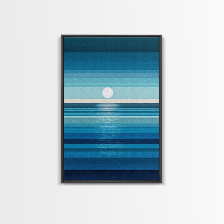 Minimal Blue Ocean Moon Stripes Wall Art, Modern Abstract Art Print, Coastal Bedroom Decor, Scandinavian Modern Canvas Print