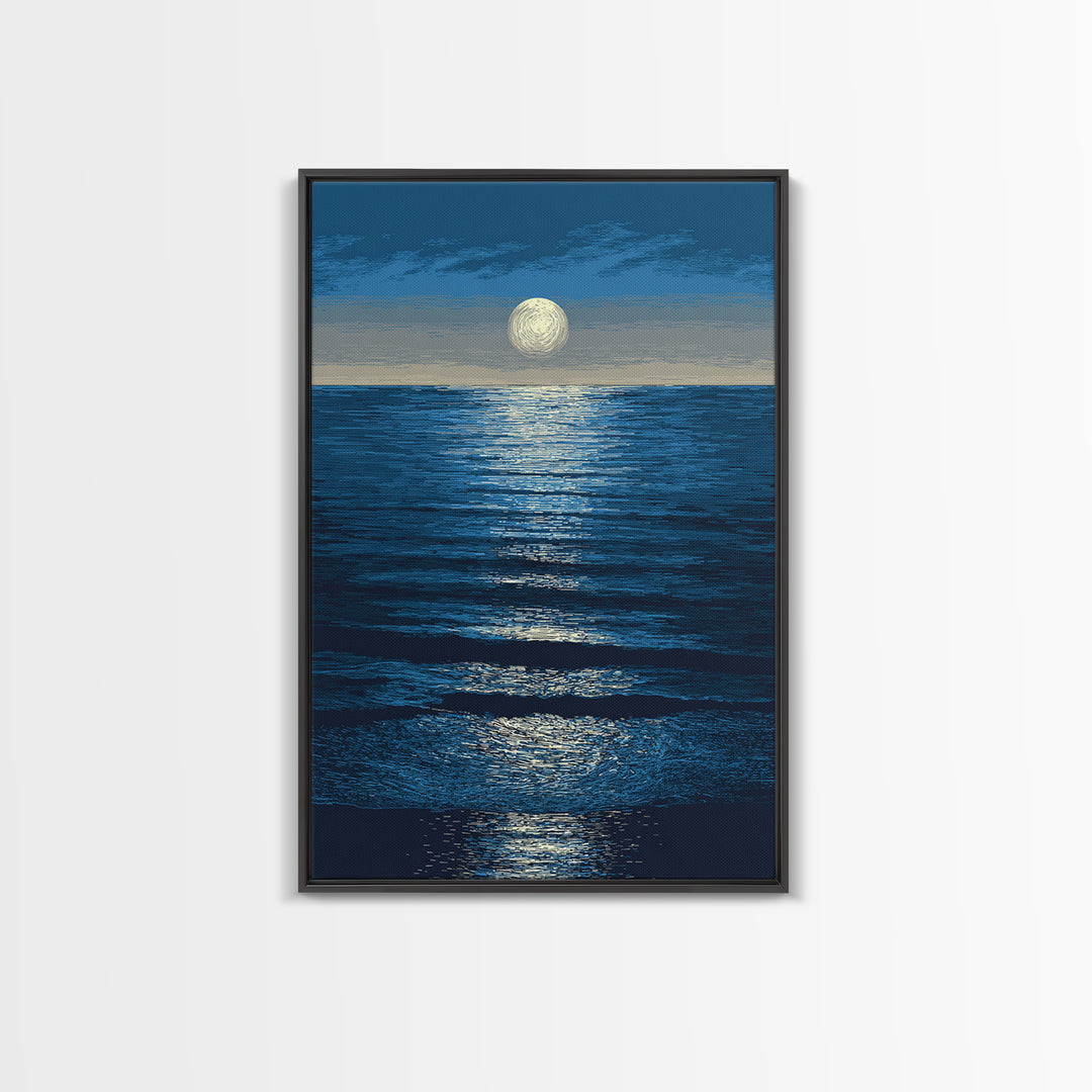 Moonlit Ocean Reflection Framed Canvas Print, Blue Wall Art, Modern Seascape Poster, Coastal Living Room And Bedroom Decor